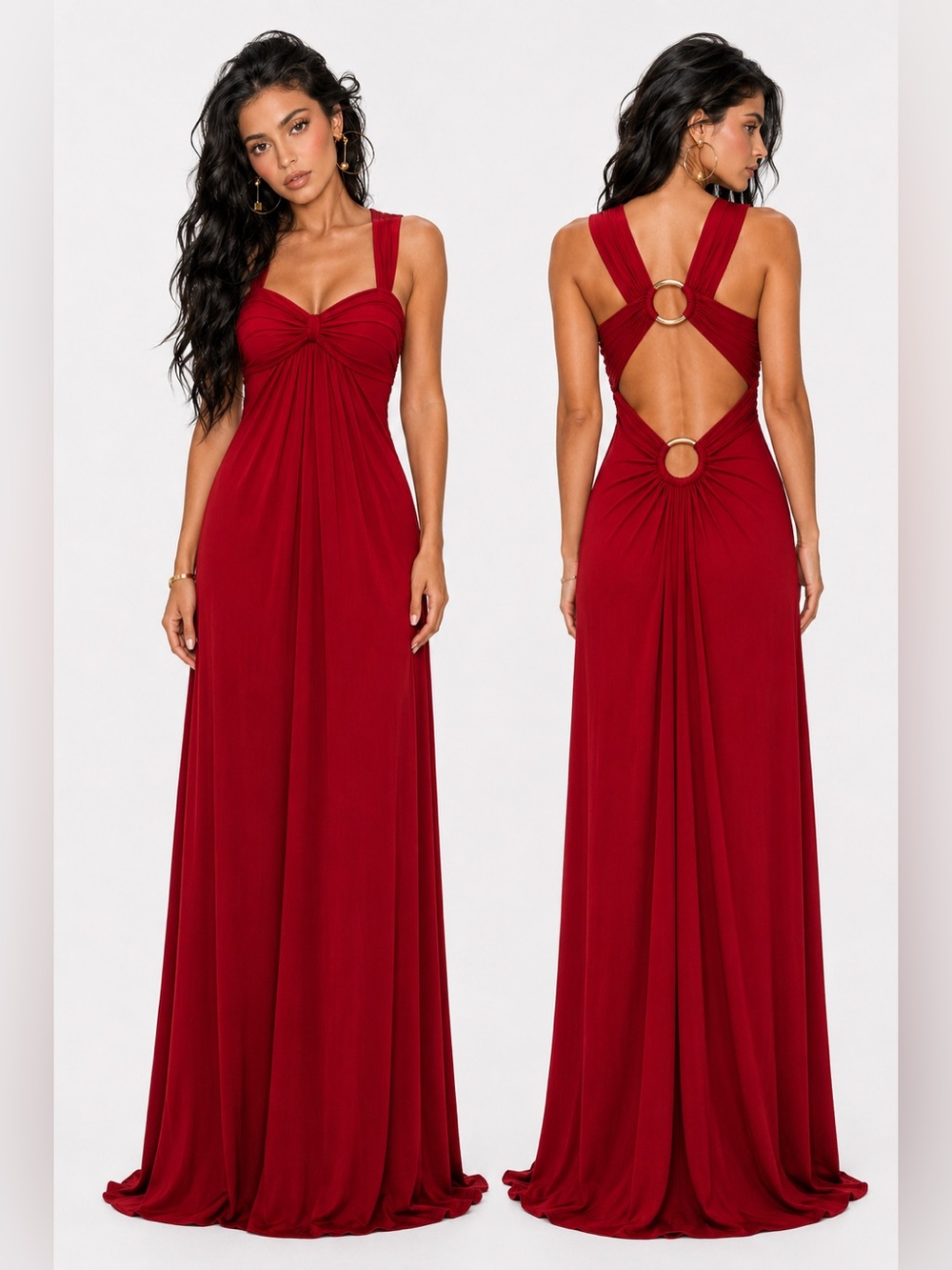 City Triangles Red Open Back Rhinestone Ring Maxi Dress Size S